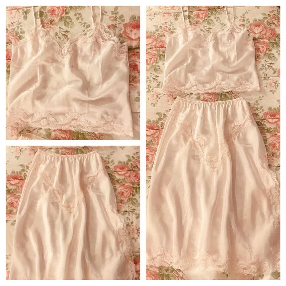 Vintage Barbizon Intimate Silky Camisole & Slip Pink w Lace & Embroidery Sz M